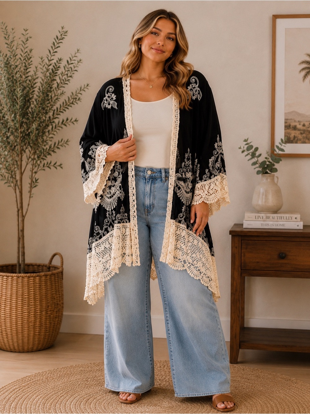 Solitaire Black Kimono Jacket with Cream Crochet Trim